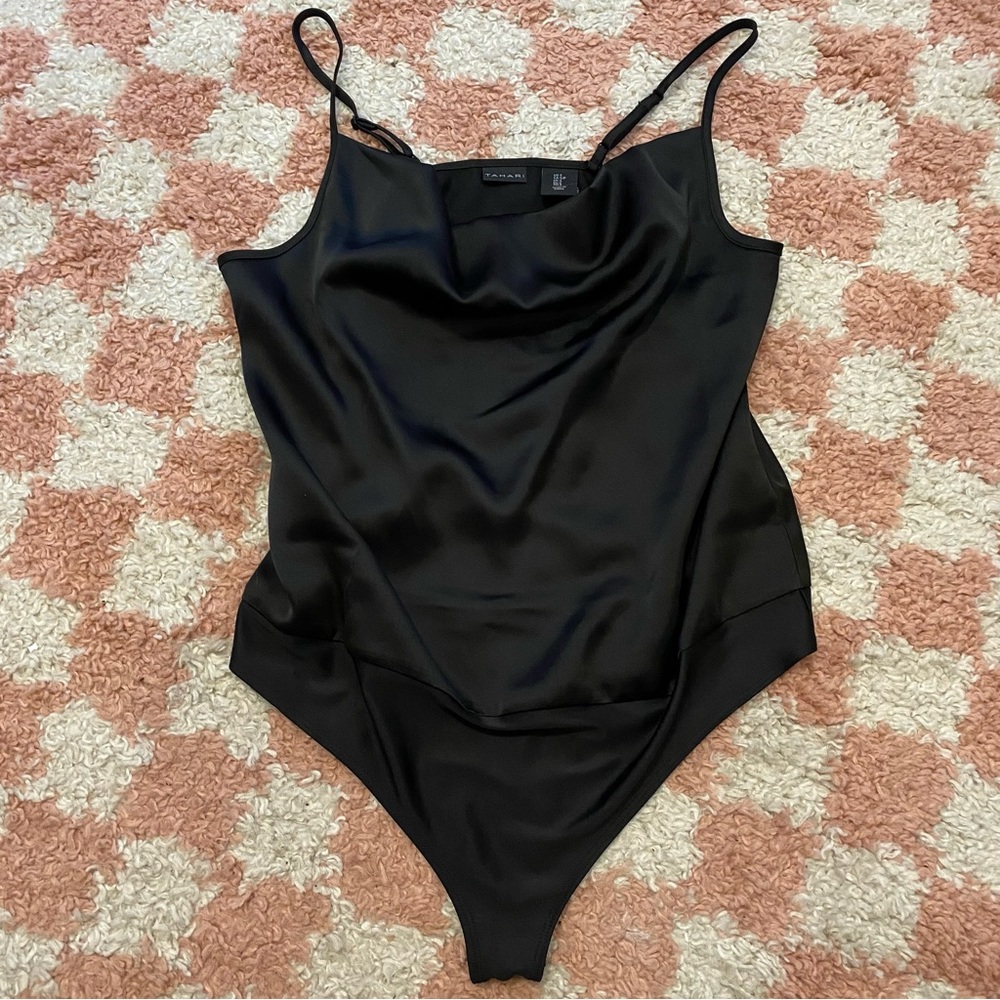 NWT Tahari Black Satin Cowl Neck Bodysuit Sz S